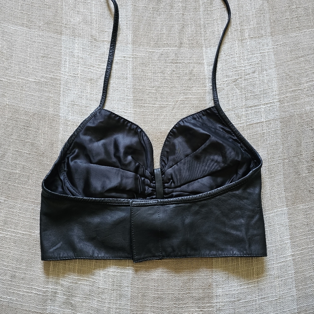VTG Western Motoboho Yallternative Biker Black Leather Tie Cropped Halter Top - Picture 5 of 11
